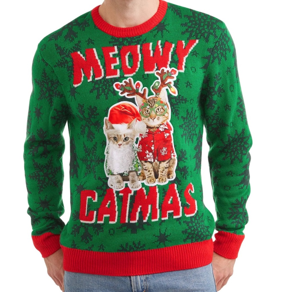Party Sweater Unisex Christmas Meowy Catmas Green Ugly Sweater Size 2XL